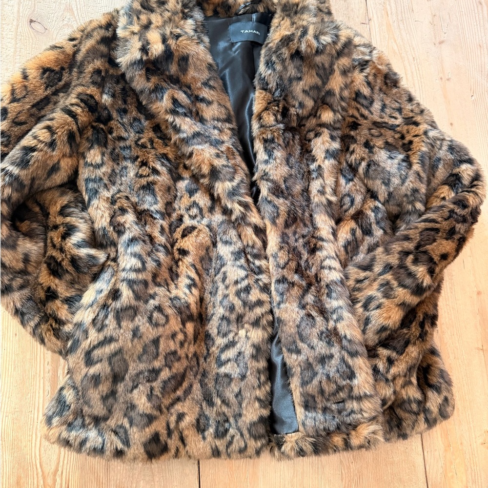 Tahari Faux Fur Leopard-Print Coat in Brown & Tan